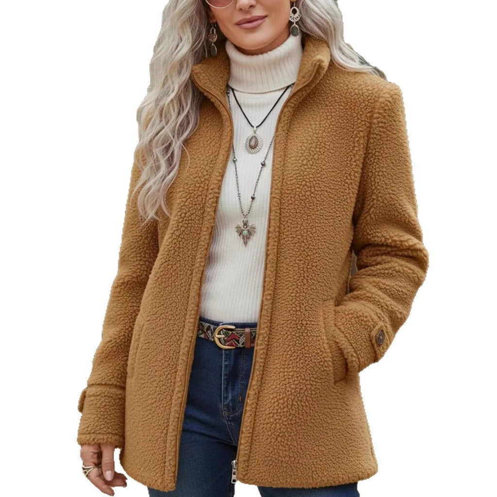 Women's brown fleece zip-up jacket with stand collar, long sleeves