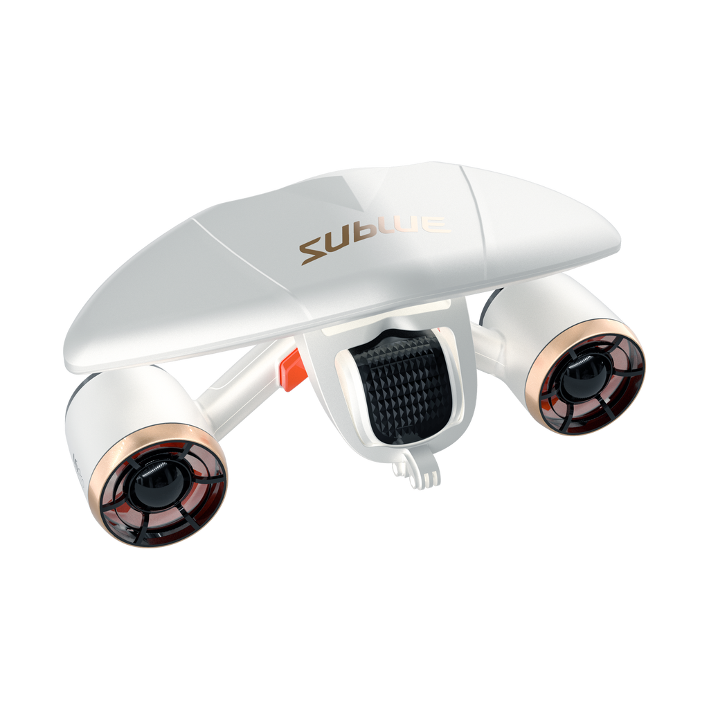 White quadcopter drone angled view with textured grille and side lens pods