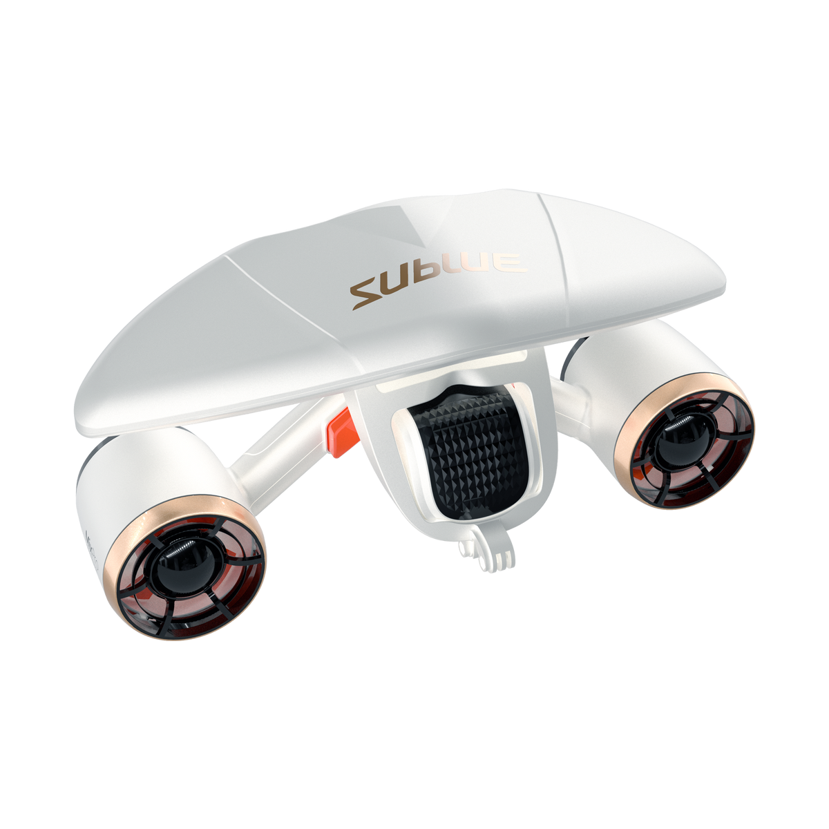 White quadcopter drone angled view with textured grille and side lens pods