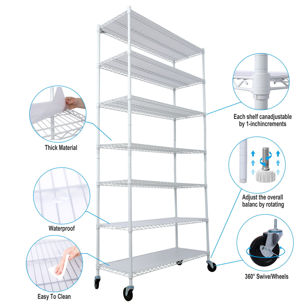 White metal wire shelving unit with casters, adjustable shelves, and thick wire build