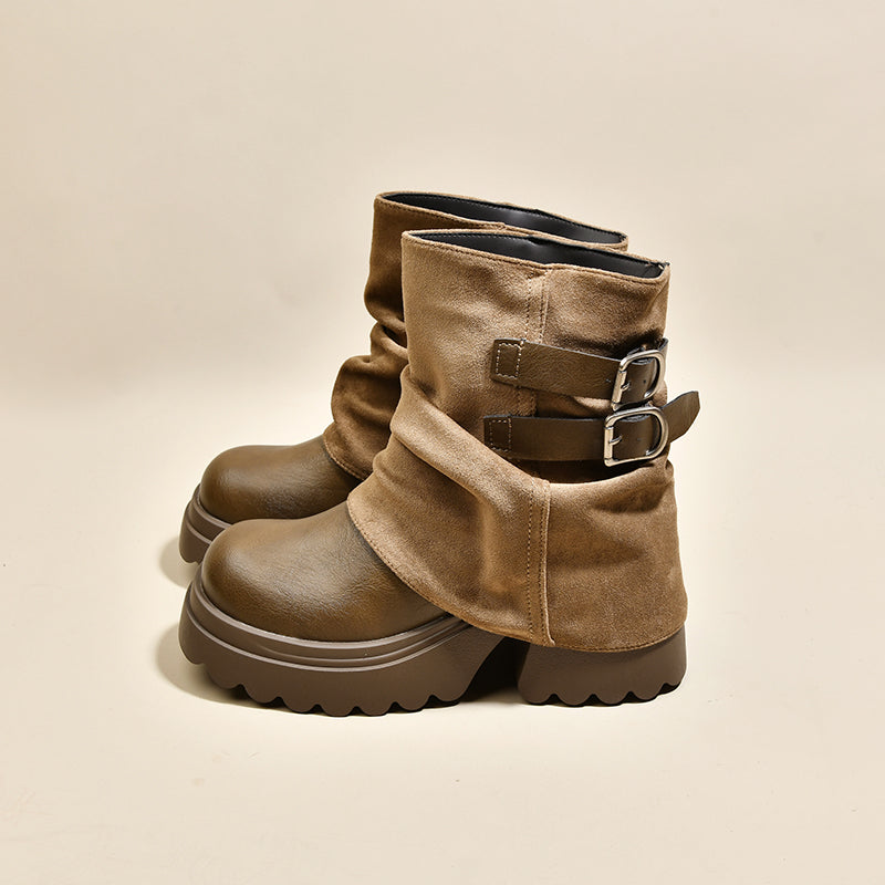 Khaki platform combat ankle boots with buckled side strap and chunky tread sole.