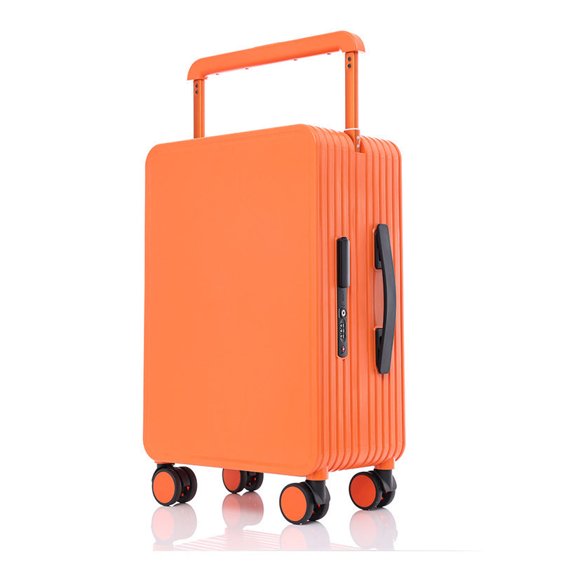 Hard-shell carry-on luggage in orange with telescoping handle and four wheels