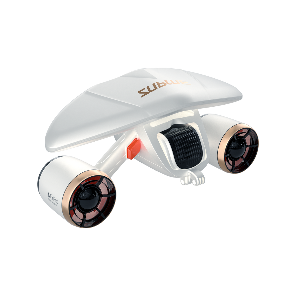 White quadcopter drone front view with textured grille and two side lens pods