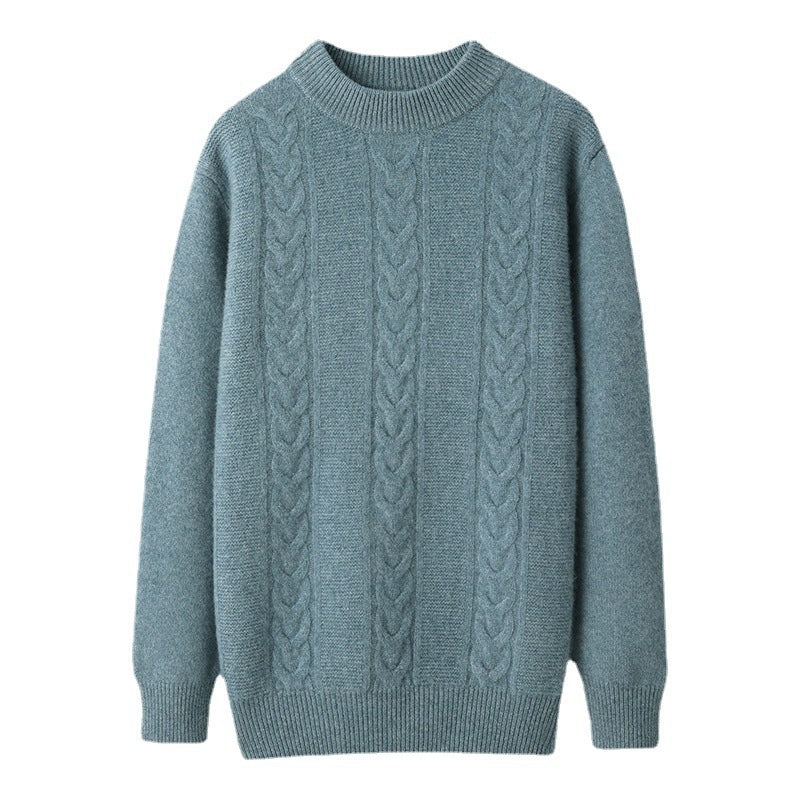 Men's wool half turtleneck cable knit sweater, teal, ribbed hem and cuffs