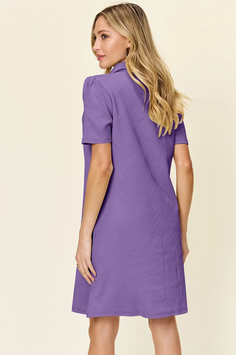 Lavender textured collared short-sleeve shift dress, back view
