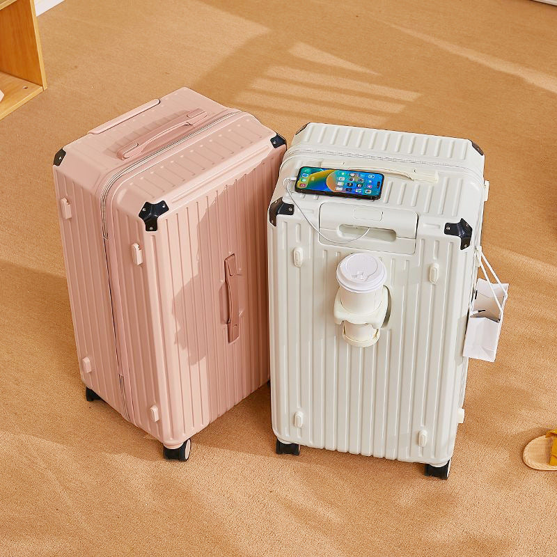 Large capacity trolley suitcase set: light pink and white ribbed shell with front accessory