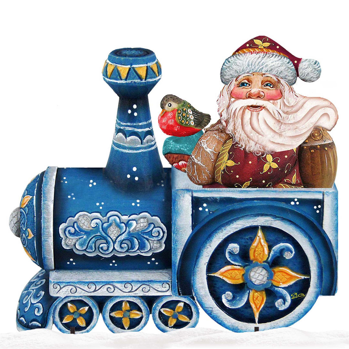 Blue Santa train car decor with Santa figure, bird, and snowflake wheel details
