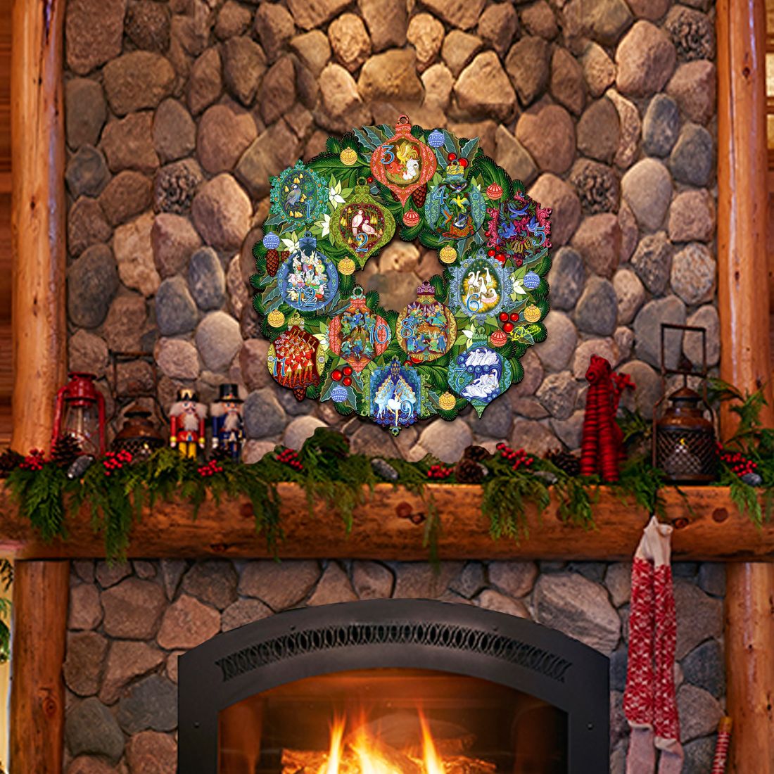 12 Days of Christmas door wreath arranged with vivid numbered ornaments on green leaves