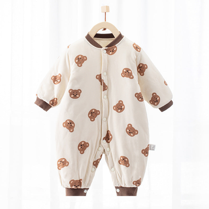 Newborn cotton footed jumpsuit in cream with brown bear print and snap buttons