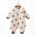 Newborn cotton footed jumpsuit in cream with brown bear print and snap buttons