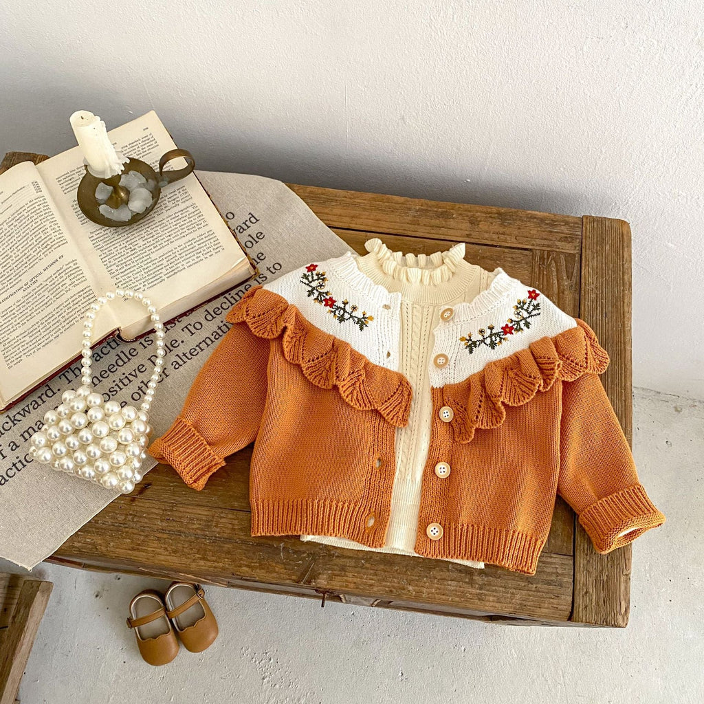 Camel cotton cardigan with white lace collar, floral embroidery, button front, long sleeves