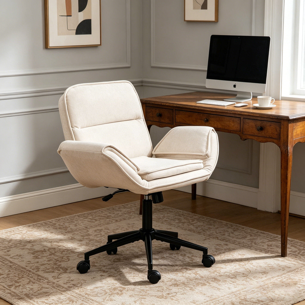 Beige upholstered swivel desk chair with padded back, armrests, and rolling casters.