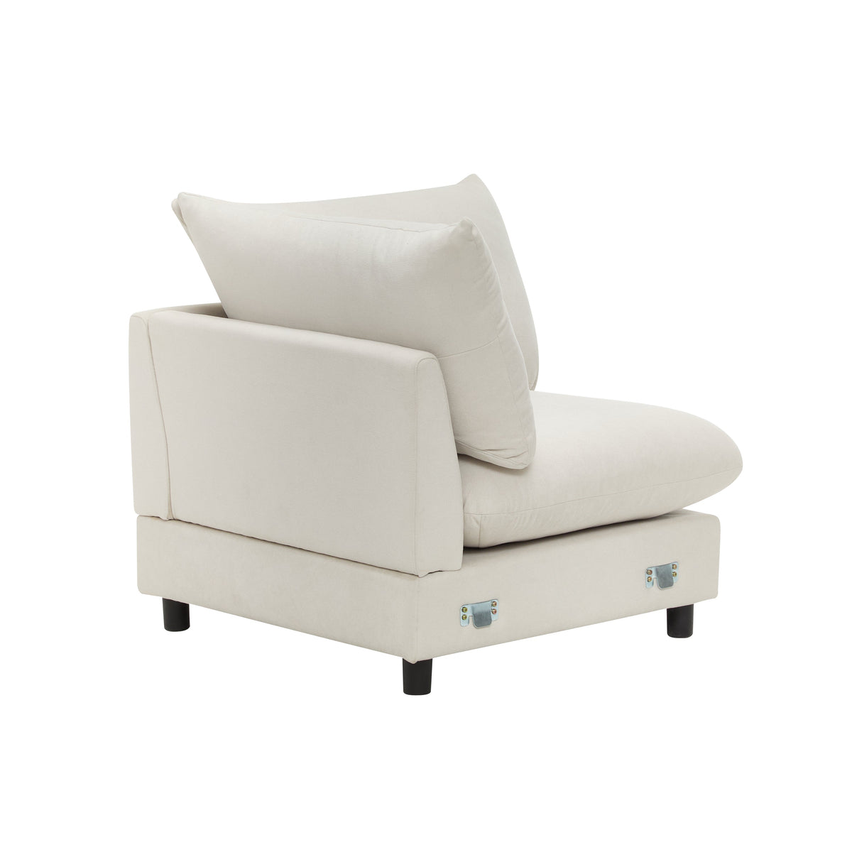 White modular chair section with slanted armrest, back pillow, and square legs