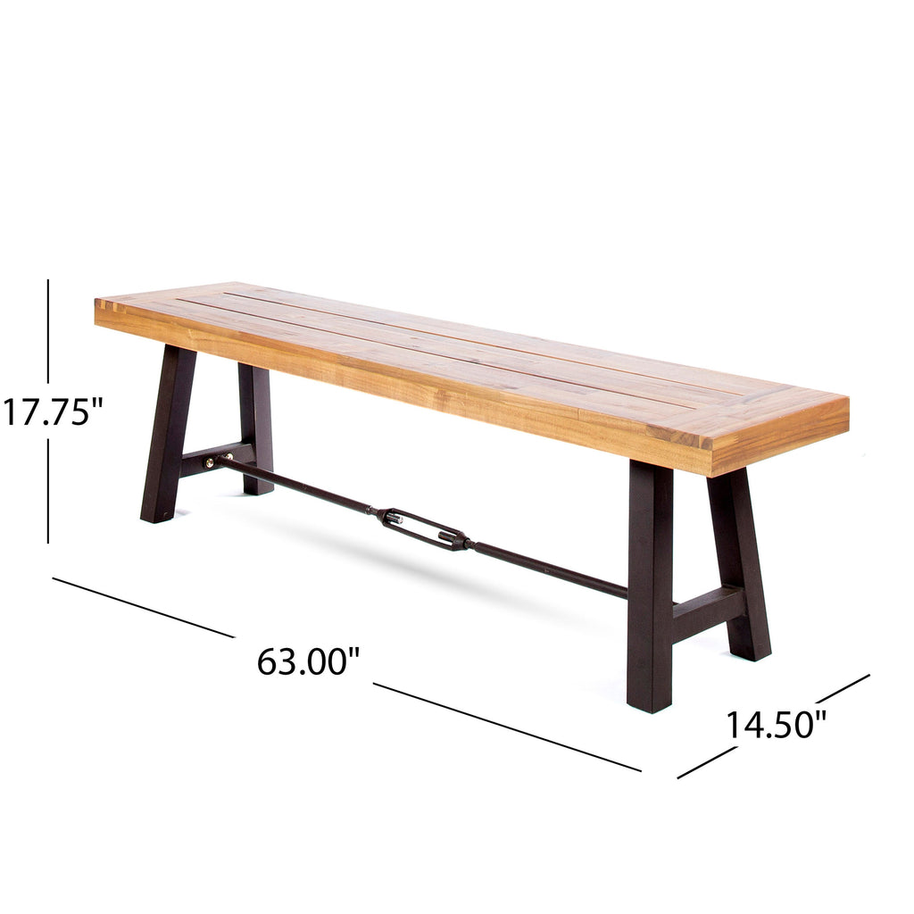 Acacia wood bench with dark frame and chain details, shown with 63.00 in dimensions.