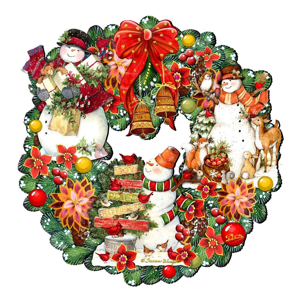 Full view Christmas wreath with Santa and snowman figures, red bow, and bright ornaments