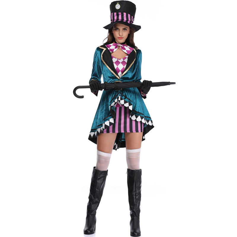 Witch top hat with purple striped band, gold emblem, and long black ribbon streamers