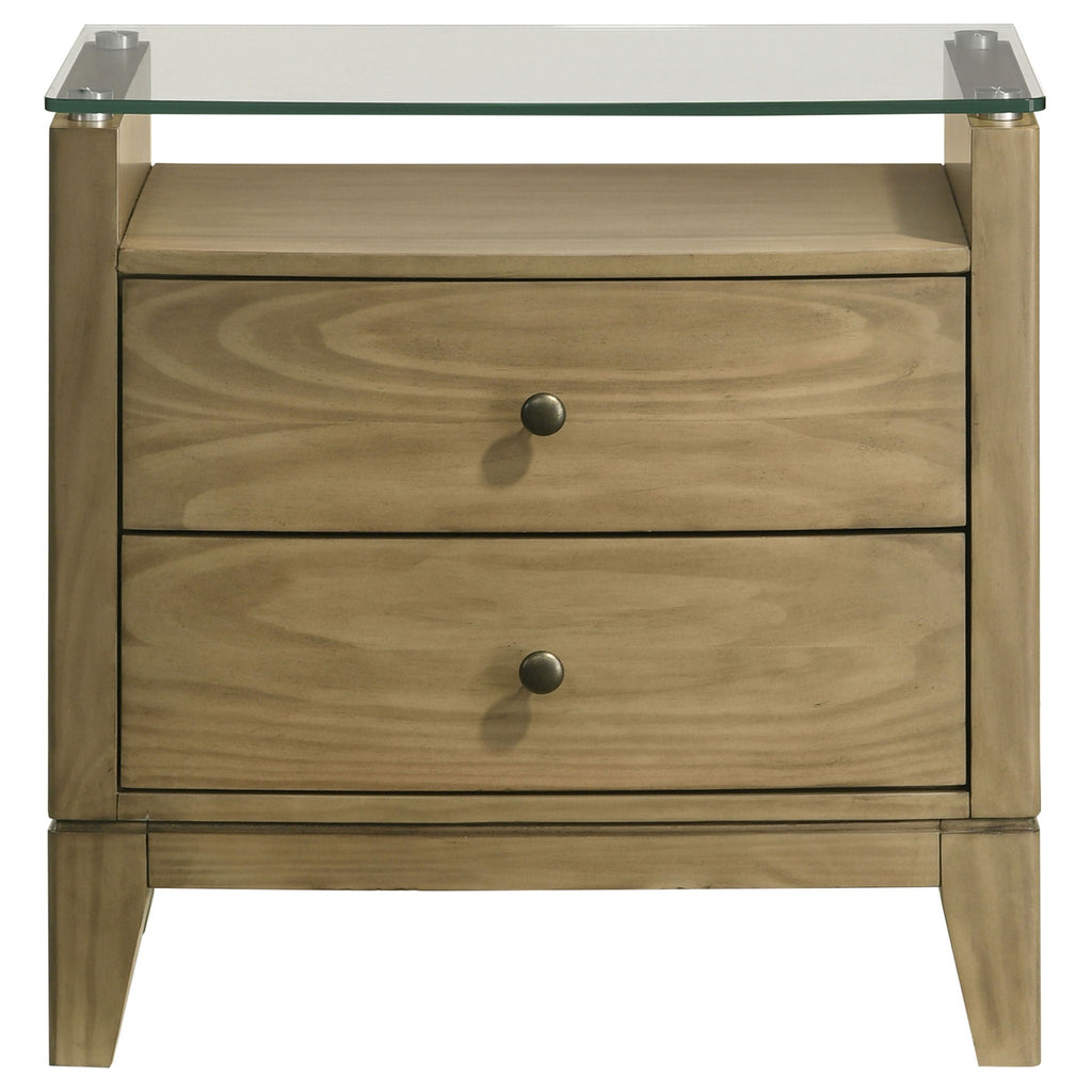 Natural pine 2-drawer nightstand with clear glass top and two round knobs