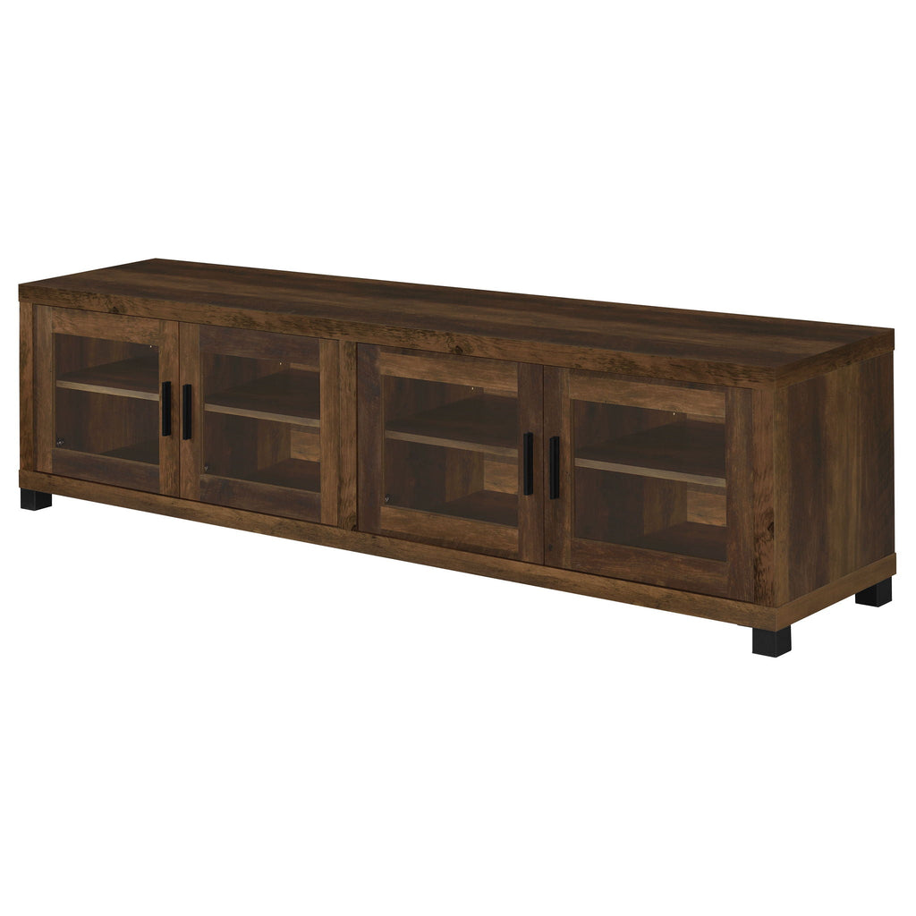 Dark pine TV stand with four glass-front doors and open shelves, black feet, metal bar handles