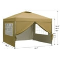 Tan pop-up canopy tent with sidewalls and screened window panels