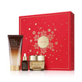 Estee Lauder 3-piece skincare gift set with red box, cream jar, serum bottle, and face tube