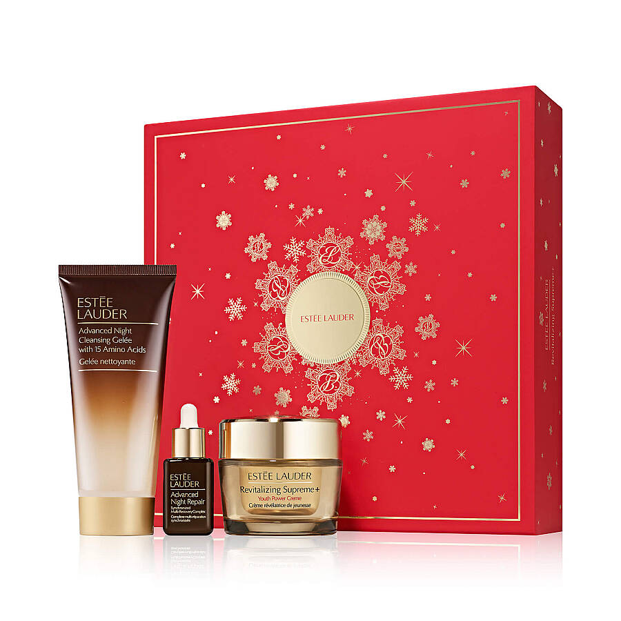 Estee Lauder 3-piece skincare gift set with red box, cream jar, serum bottle, and face tube