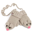 Oat beige knit kids mittens with mouse face and hanging string loops
