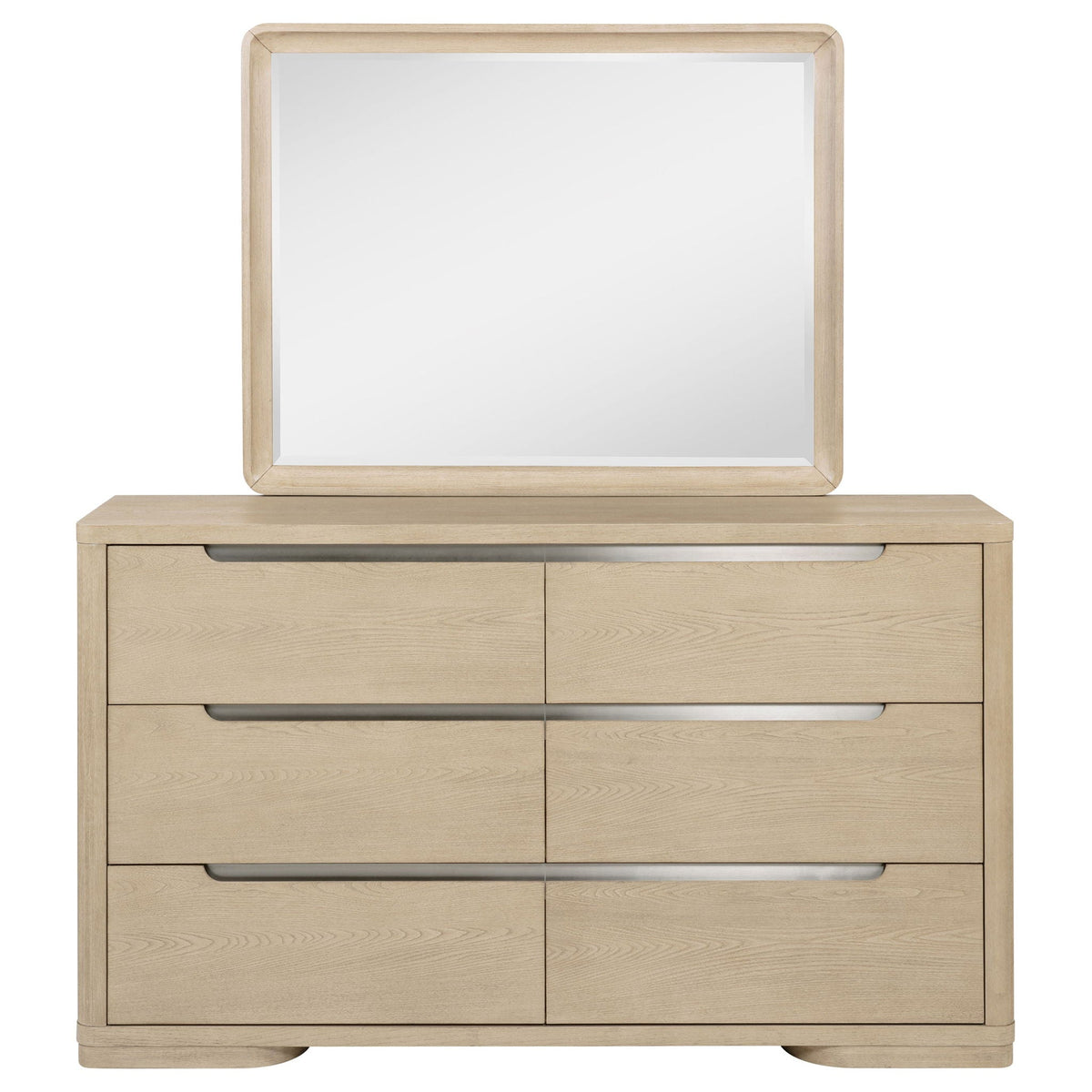 Light elm 6-drawer dresser with square mirror above two upper doors and bar pulls