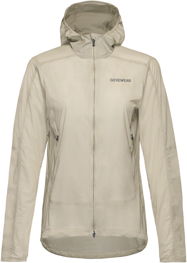 Gorewear women's beige hooded windbreaker, front zip with hood
