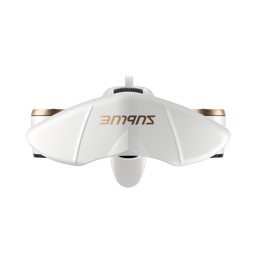 White quadcopter drone top view with central textured detail and arm mounts