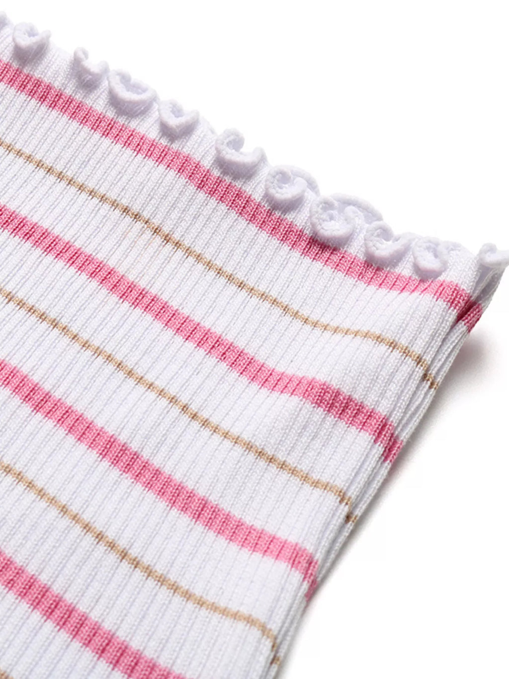 Close-up of white ruffled trim on pink striped knit tube top fabric
