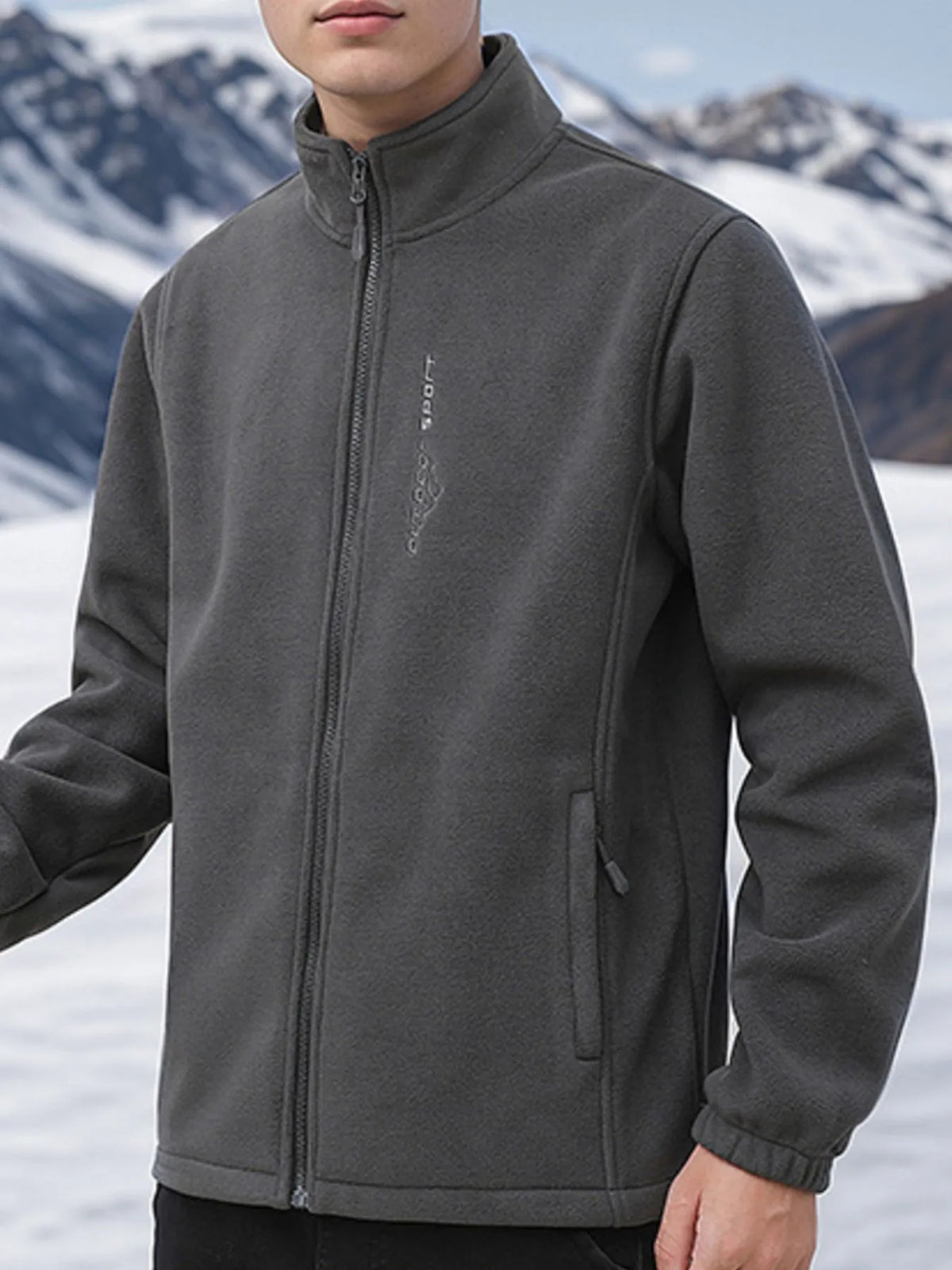 Men's plus size gray-green zip-up thermal fleece jacket with stand collar