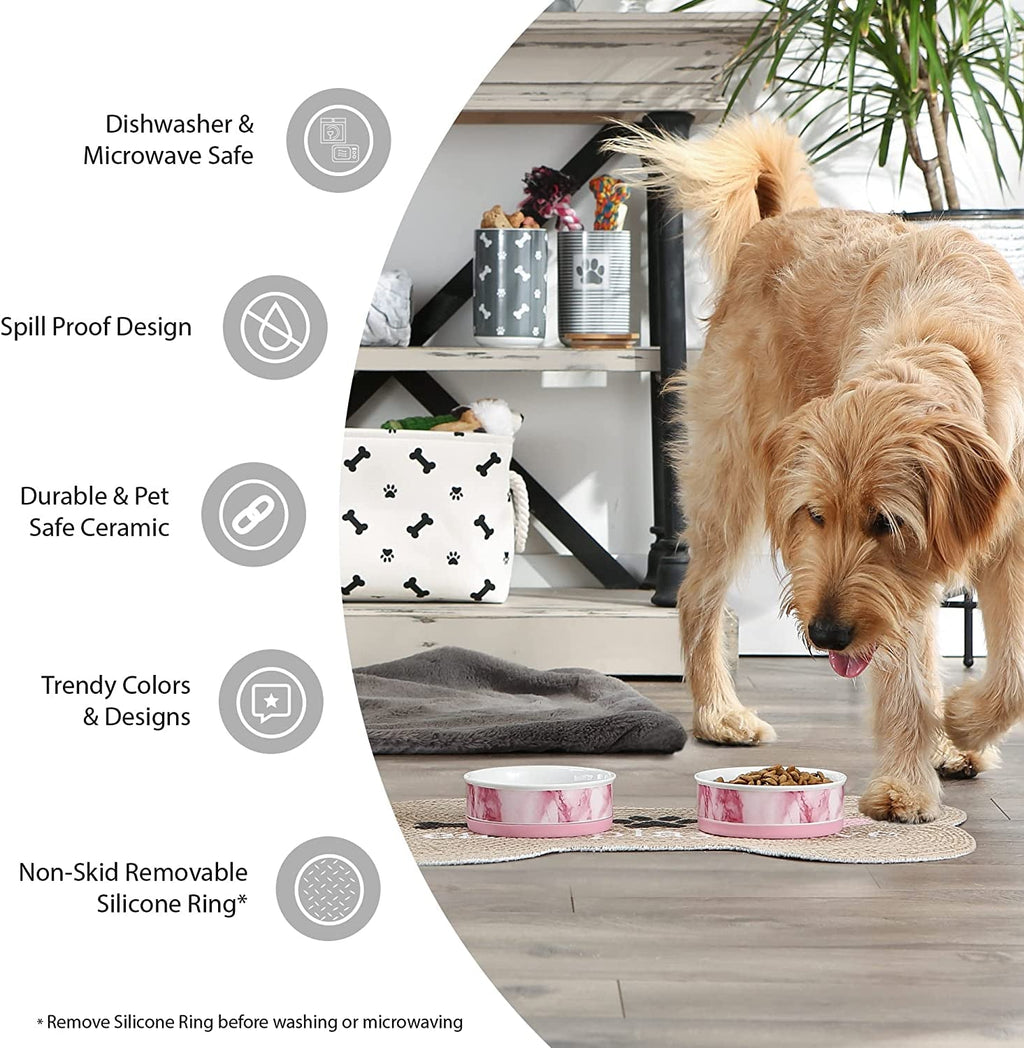 Ceramic pet bowls shown with a dog; graphic lists dishwasher-safe and non-slip features