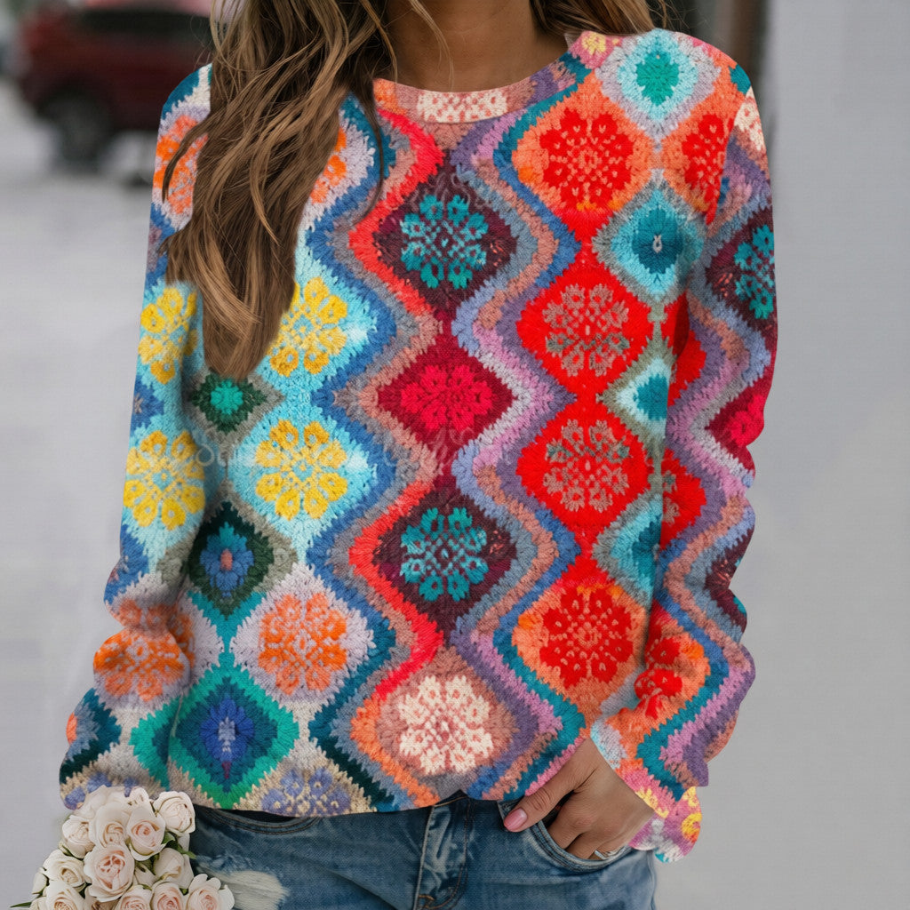 Colorful spliced sweater with round neckline and long sleeves, geometric square print