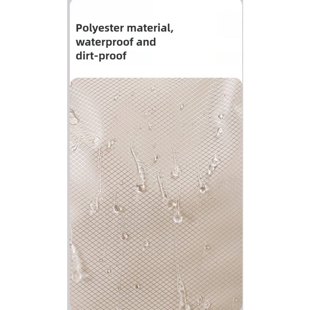 Beige polyester waterproof fabric swatch with textured grid and water beads.