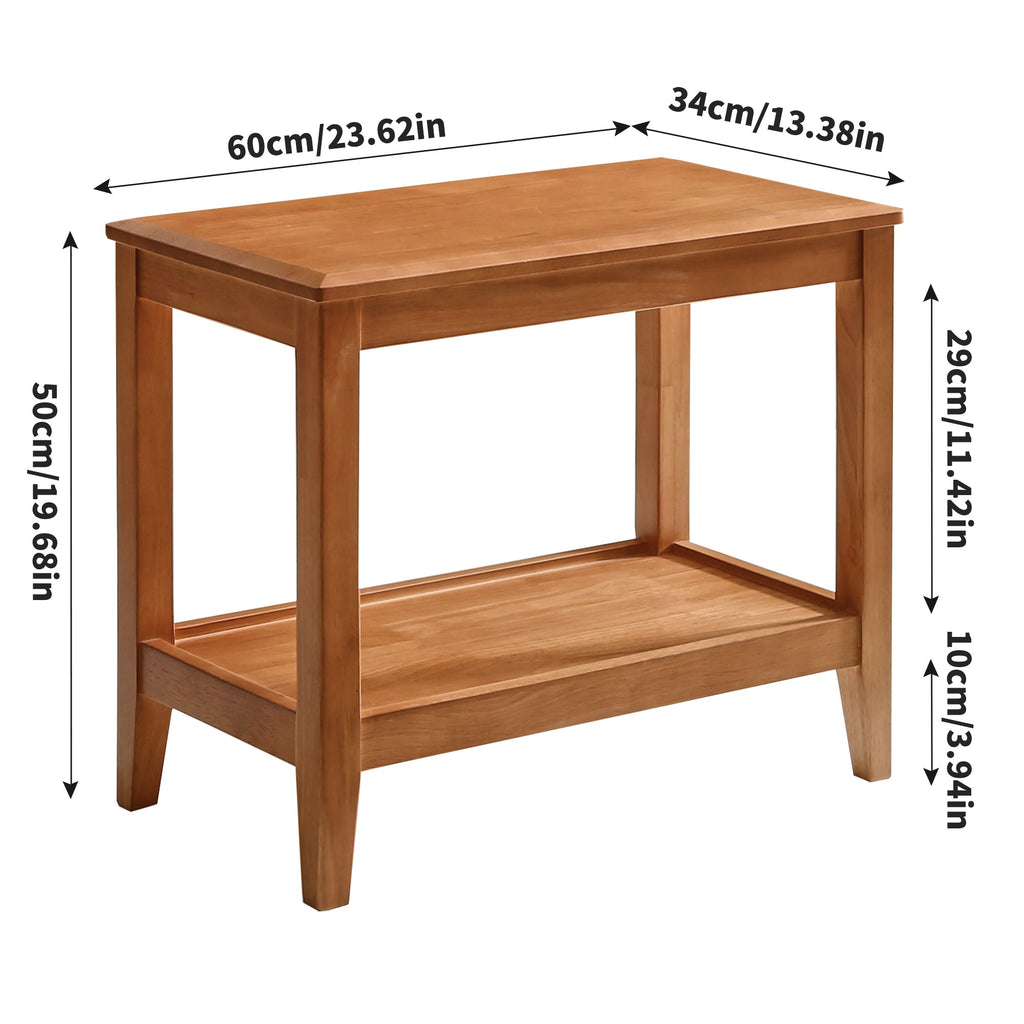 Two-tier wooden side table with dimensions: 60 cm wide, 34 cm deep, 50 cm high