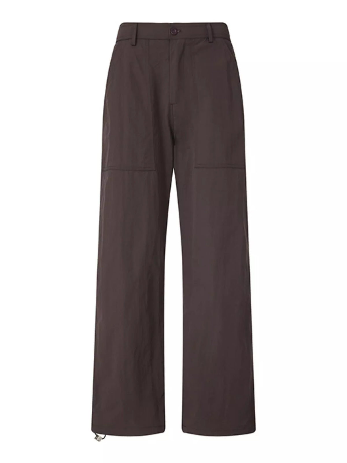 Loose-fit casual pants in chocolate brown, front view with belt loops and wide legs.