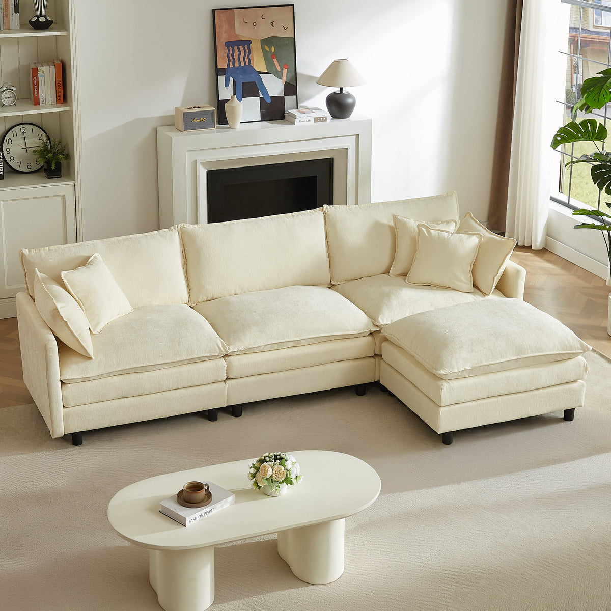 Cream chenille L-shaped sectional sofa with matching ottoman, multiple throw pillows