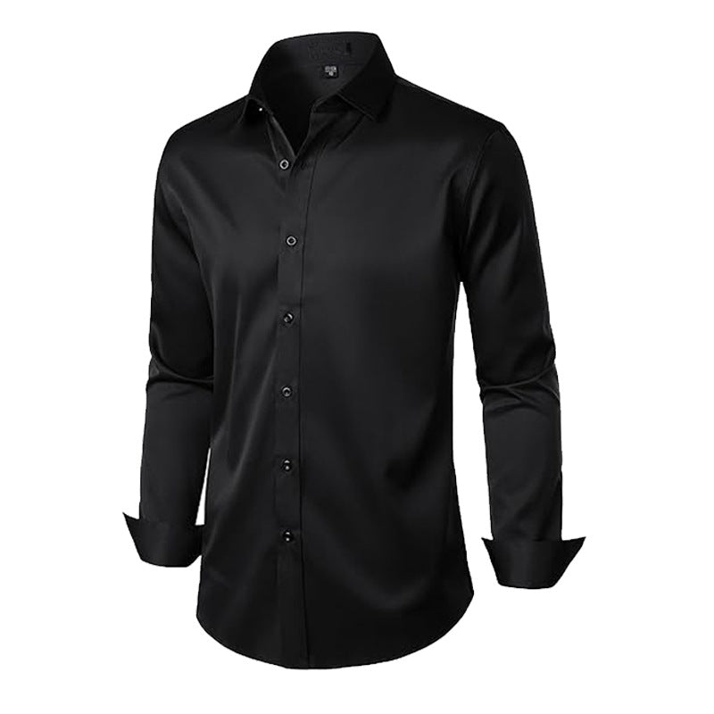 Black long-sleeve solid dress shirt with button-up front and pointed collar