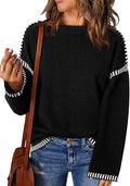 Women’s black round-neck pullover sweater with striped cuffs and hem