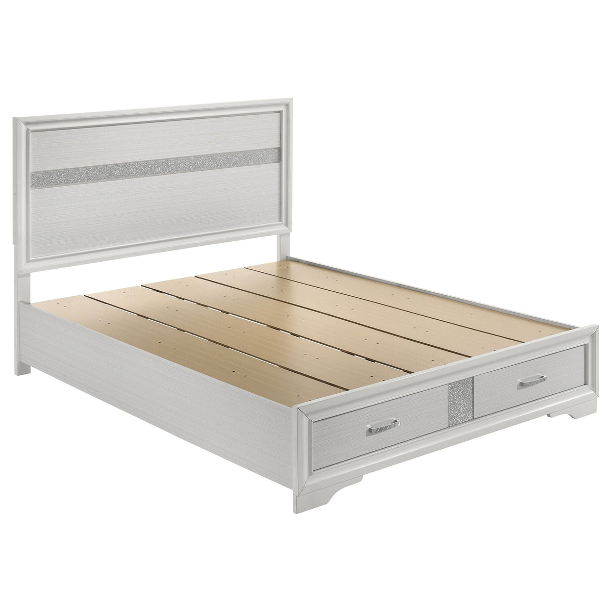 White queen bed with upholstered-style headboard panel and side drawer