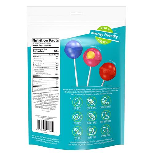 Organic duo pops candy bag back panel with nutrition facts and allergy-friendly icons