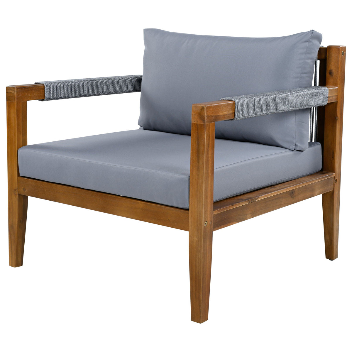 Acacia outdoor armchair with dark gray cushioned seat and back pillow