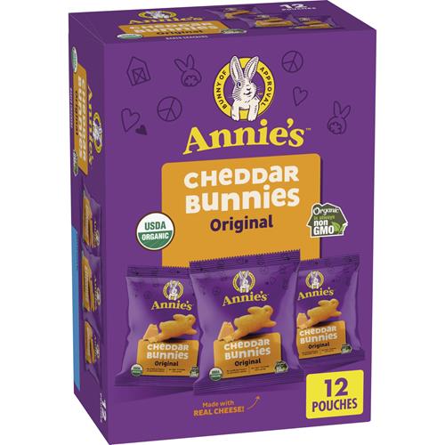 Annie's Organic Cheddar Bunnies original snack cracker box with 12 pouches