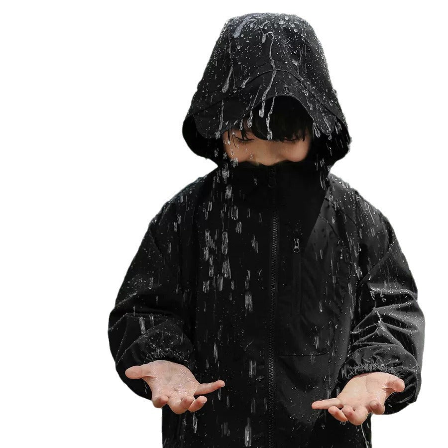 Black hooded windproof jacket with hood up, visible zipper, and water-splatter fabric