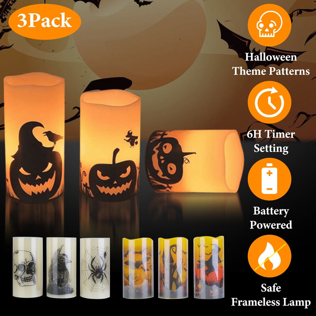 Three lit LED flameless candles with witch, pumpkin, and bat silhouettes, warm orange glow