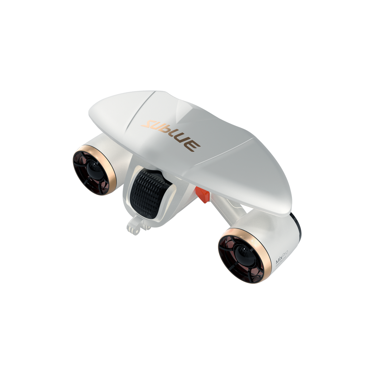 White quadcopter drone close angled view with side lens pods and front grille