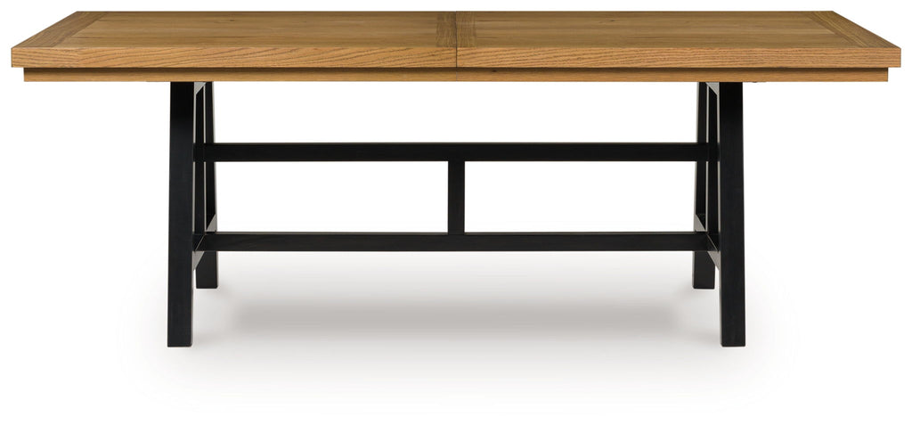 Rectangular dining table with brown top, black steel base, and open apron