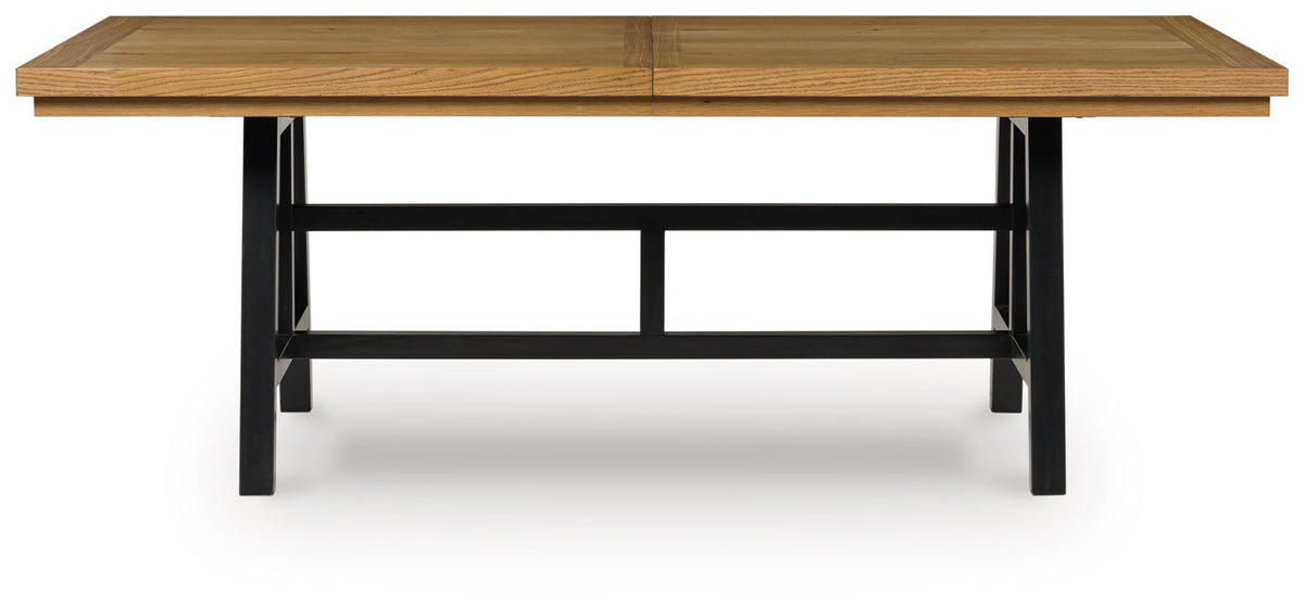 Rectangular dining table with brown top, black steel base, and open apron