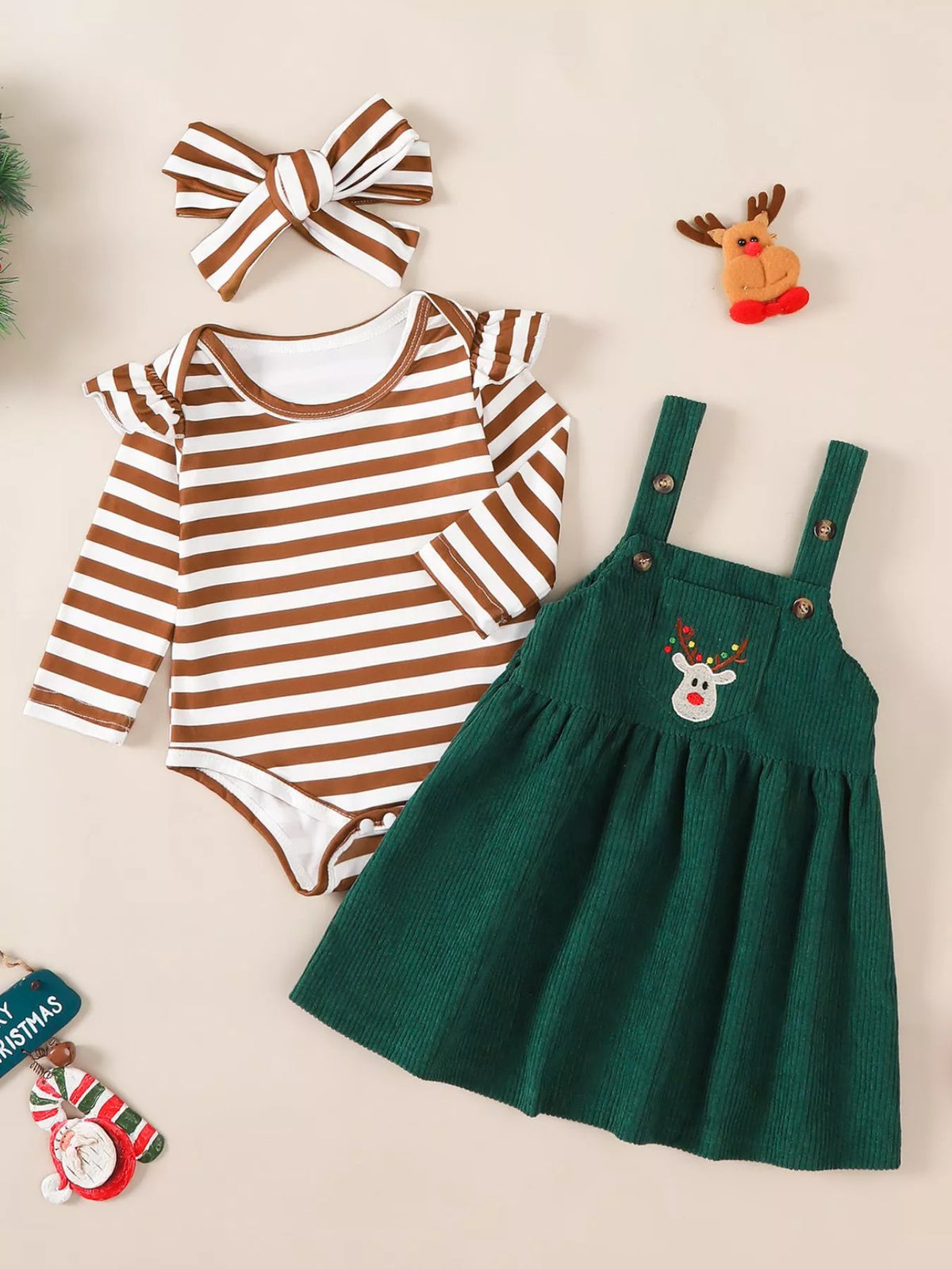 Striped bodysuit with bow headband and green overall dress with reindeer applique