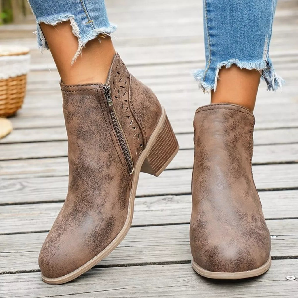Taupe ankle boots with block heel and side zipper, perforated cutout pattern
